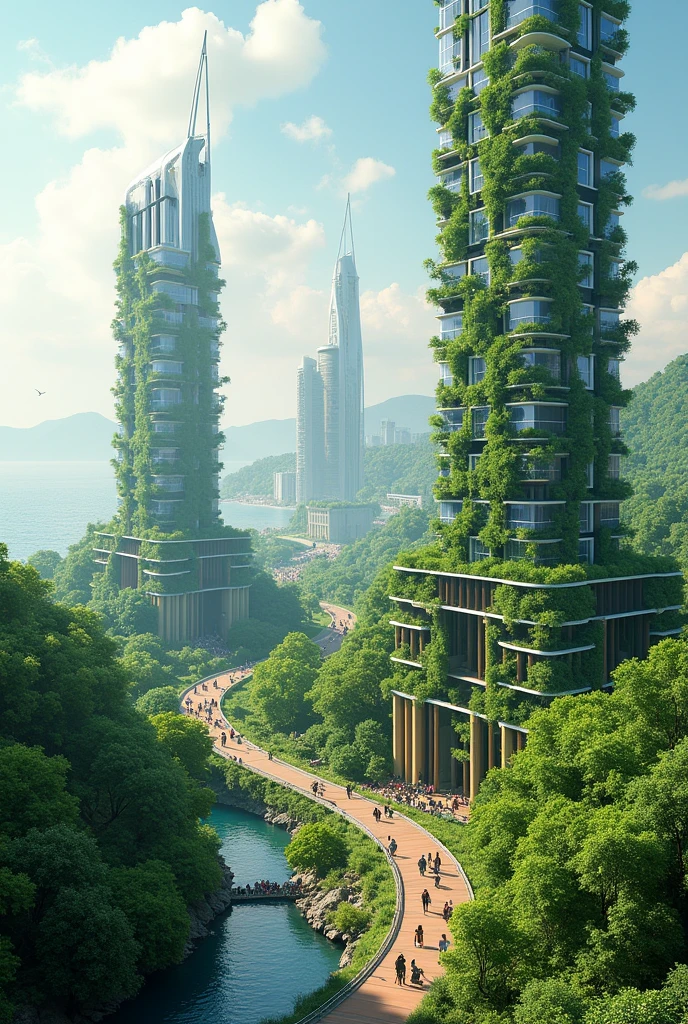 Imagine a vibrant cityscape with sleek, green buildings covered in vertical gardens. Solar panels and wind turbines are integrated seamlessly into the architecture. Public transportation consists of clean, electric buses and trains, and bike lanes are abundant.
Surrounding the city, expansive parks and forests thrive, with clear rivers and clean oceans visible in the distance. Wildlife roams freely, and natural landscapes are preserved and respected. The sky is clear, and people from diverse backgrounds engage in community activities and conservation efforts.
This scene captures a balance between modern technology and natural beauty, illustrating a world where sustainability and innovation coexist harmoniously.
