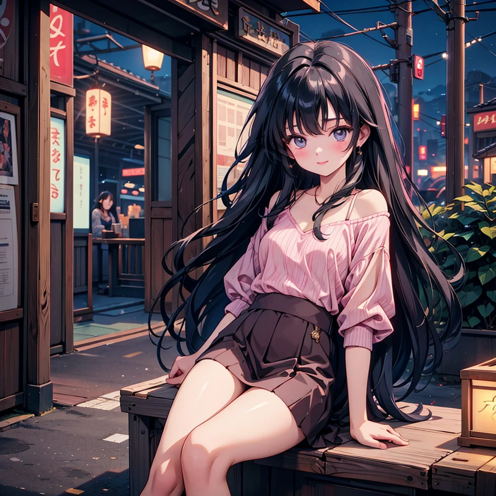 A young Japanese beauty sips beer from a beer jockey in an 80's anime-inspired setting. She sits on a wooden stool, surrounded by neon-lit cityscapes at dusk. The beer jockey is held elegantly between her fingers, with a subtle smile playing on her lips. Her long black hair flows like silk in the soft glow of the city lights, while her bright pink dress adds a pop of color to the scene.