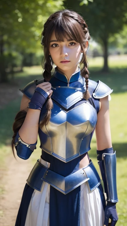 Lapisfe, One person, alone, View your viewers, blush, bangs, gloves, Upper Body, Braiding, hair band, Outdoor, Lips parted, null, Day, Raise your hand, Pink Eyes, armor, wood, Covered navel, Blurred Background, Place your hand on your chest, shoulder armor, side Braiding, breastplate, red armor