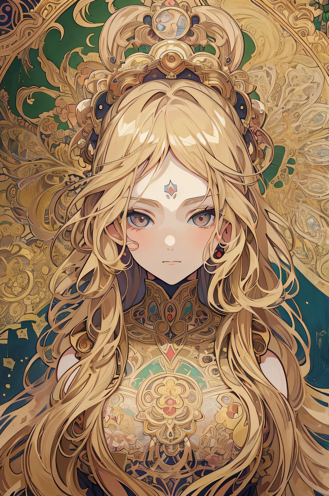 European woman face portrait, Long Curly Hair, bionde, Floral frame, Decorative panel, Abstract art, Alphonse Mucha's (masterpiece, Highest quality, High resolution: 1.4), detailed, Complex details, 4K, Color Splash, Line art, fibonacci, In underwear