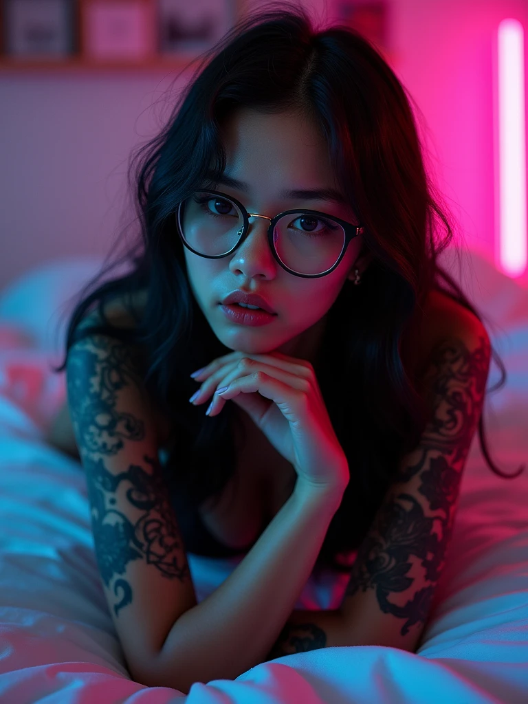 Beautiful Naked Asian Girl with black hair, inexplicable beauty, beautiful eyes, beautiful lips and beautiful long black hair, with small waves at the ends, with tattoos, lying on the bed posing with glasses, with neon background colors