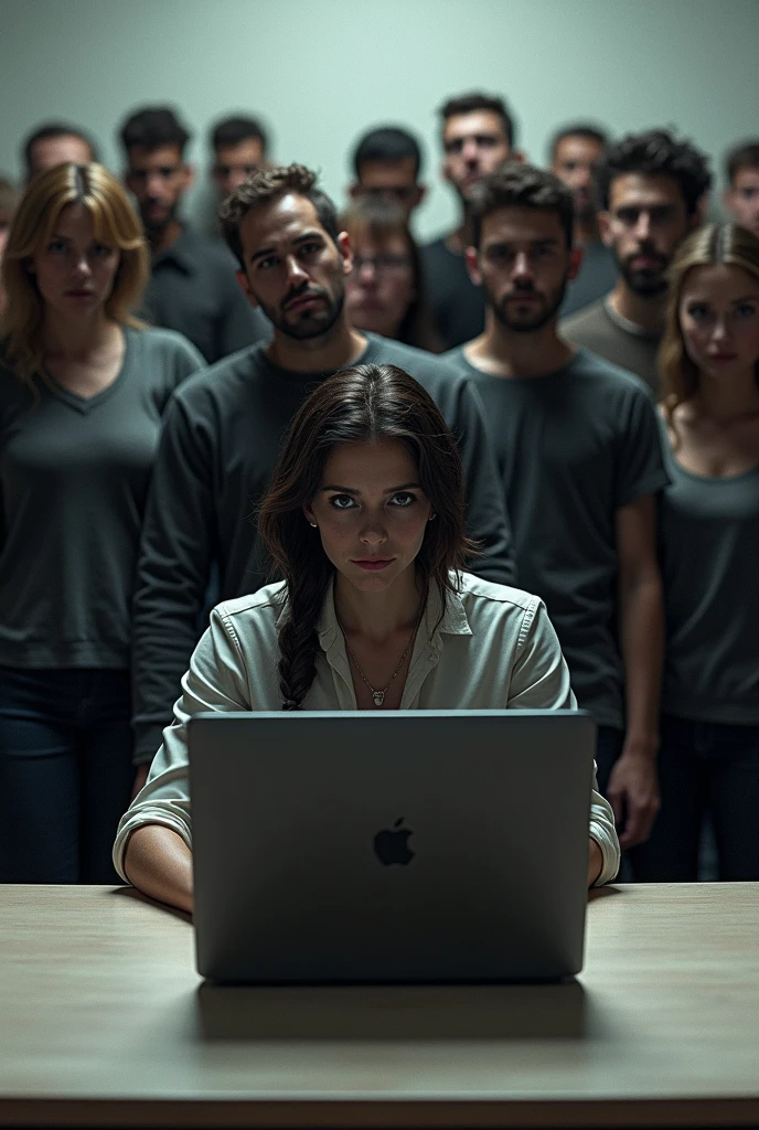 A table with a laptop behind the laptop theres one person and beind that one person theres many person staring at the laptop make it everyone is looking at the laptop make it trollong type