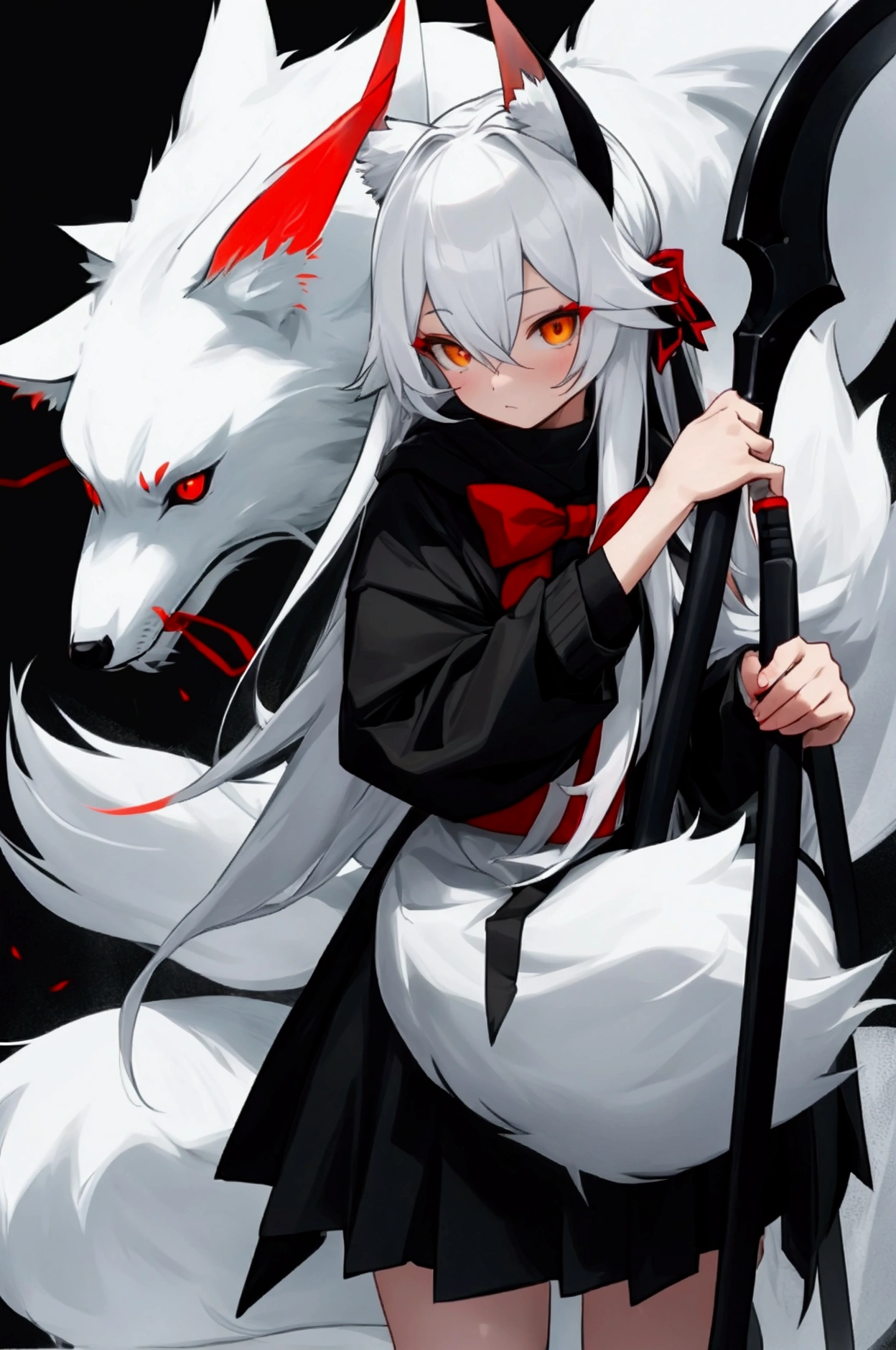 A girl waring black sweater with gray horizontal
stripes with black hood, caro skirt and have white long hair with red bow in, have white kitsune ears,white kitsune ears, A white fur bandage was applied to cover one of her eyes. and she holding a demon scythe