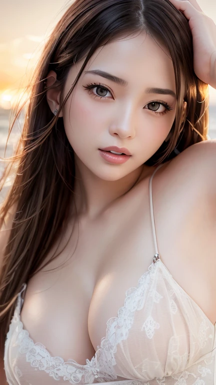 Highest quality, figure, Very detailed, In detail, High resolution, 8k wallpaper, Perfect dynamic composition, Beautiful attention to detail, Wear a dress, Natural color lip,Beach, ランダムでcuteポーズ, Kissing Face,close your eyes,Face Kiss Viewer,Perfect and beautiful face,cute,Sexy Face,sunset,Ecstatic face,Feminine face,Expression of excitement and climax during sex