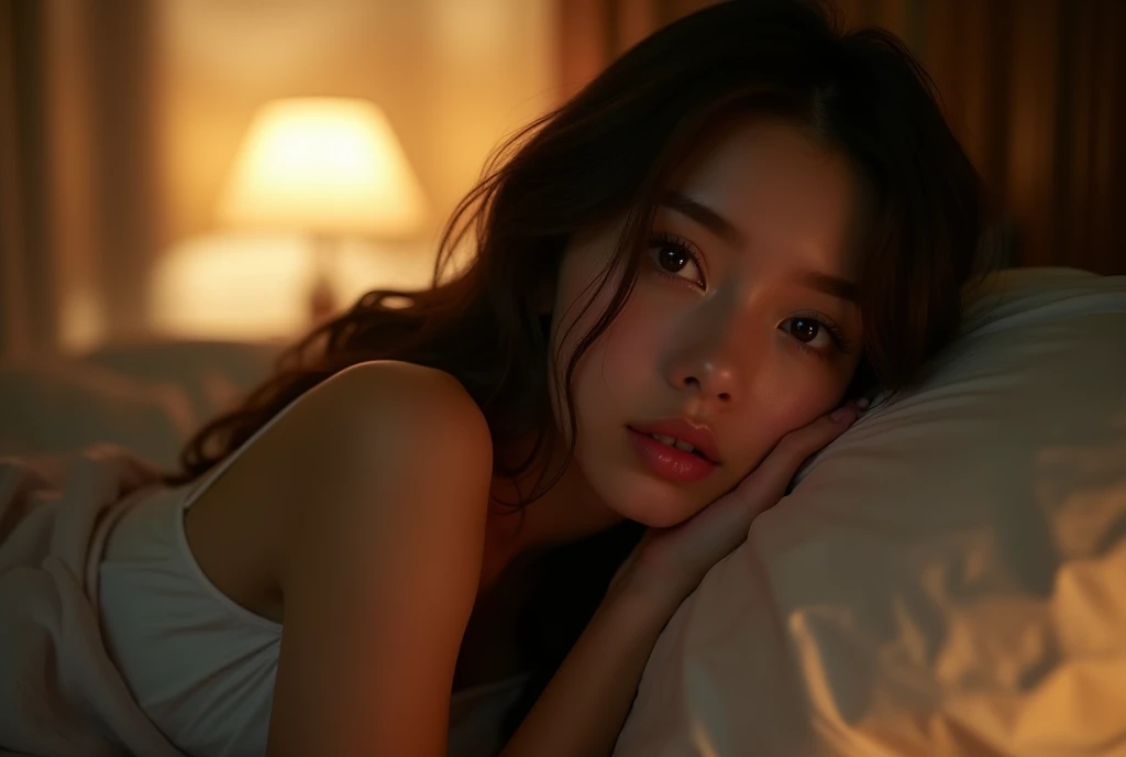 ((Shooting from behind)), Cute girl lying in bed, 20 years old, Wearing sexy pajamas, didn't notice the camera, Night view, Very detailed, Realistic, 8k, High resolution, Soft lighting, Warm colors, Beautiful and exquisite face and eyes, Long eyelashes, Glowing Skin, Intricate details, beautiful, erotic, Sensual, Suggestive, nice