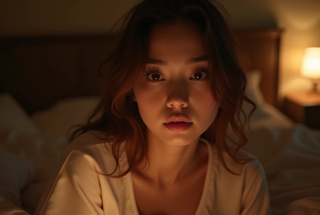 ((Shooting from behind)), Cute girl lying in bed, 20 years old, Wearing sexy pajamas, didn&#39;t notice the camera, Night view, Very detailed, Realistic, 8k, High resolution, Soft lighting, Warm colors, Beautiful and exquisite face and eyes, Long eyelashes, Glowing Skin, Intricate details, beautiful, erotic, Sensual, Suggestive, nice