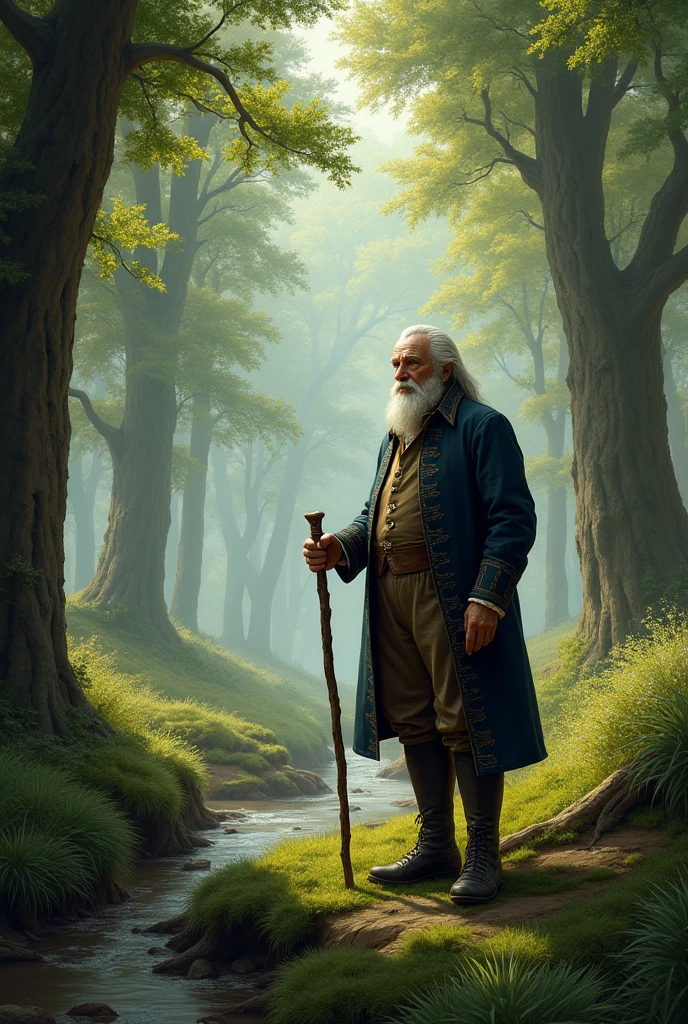 Man in a forest clearing with a walking stick in his hand Look 1750