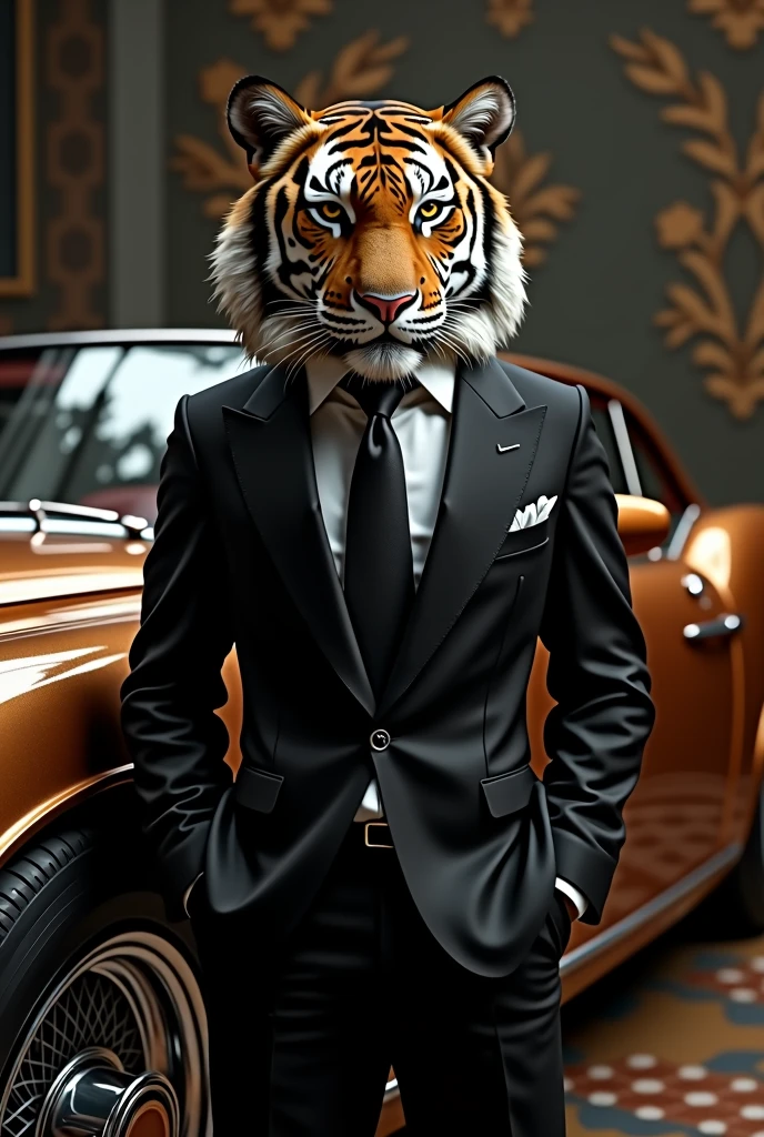 Tiger with black suit and stand next to a lucuary car