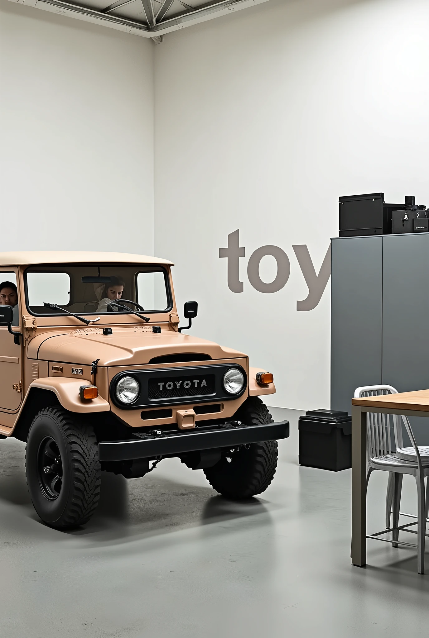 A photo of the interior space with white walls and a concrete floor. There is an old Toyota-colored truck inside, in which two people can be seen drinking coffee from paper cups. There's also a single metal table with some black boxes standing next to it. The ground surface includes a small wooden desk for working or sitting at, as well as three silver chairs placed around the dining area. On another side of the room, you see a large grey cabinet containing various kitchen appliances. In front of all these furniture items stands "TOY" written in big white letters on the wall