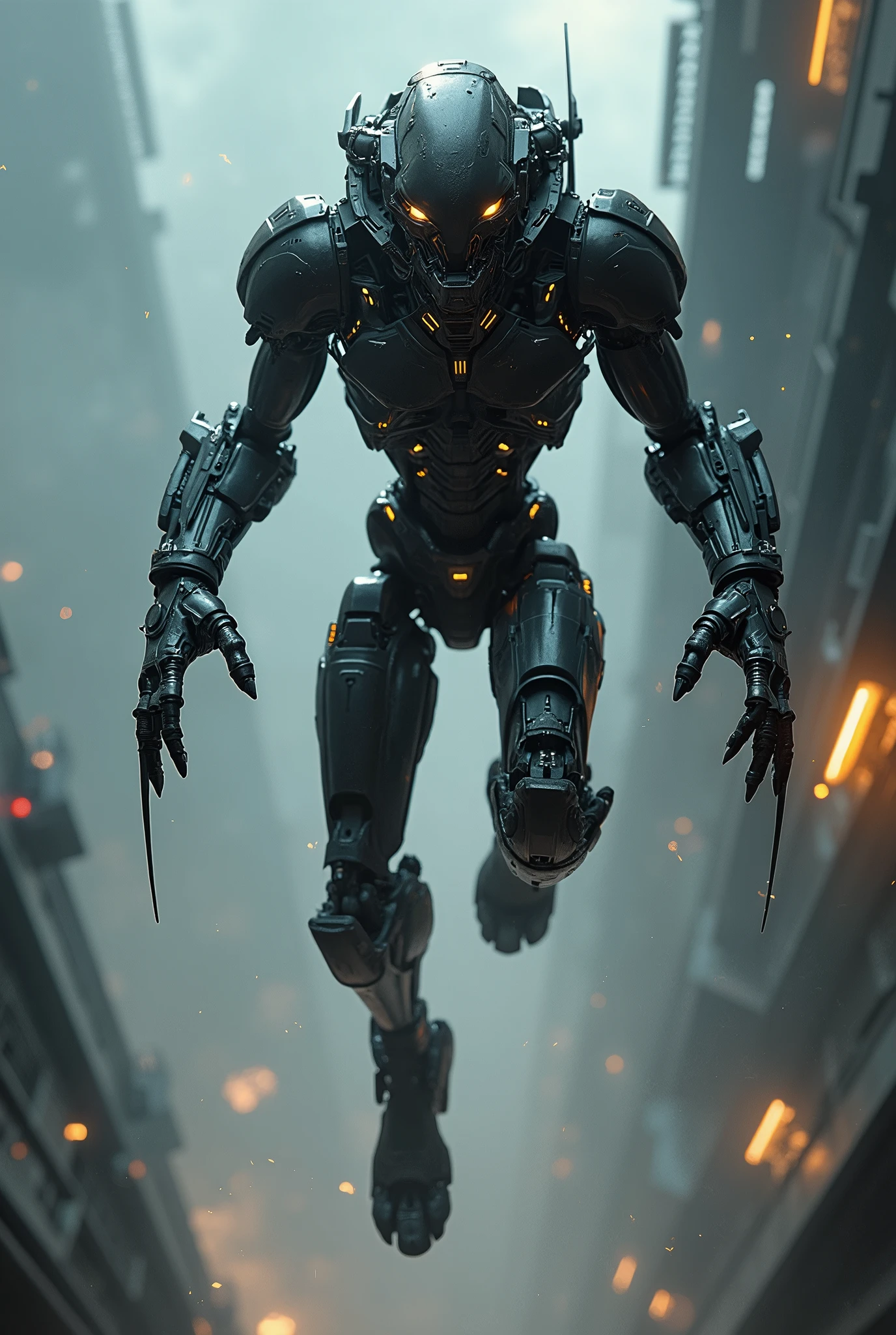 a highly detailed 8k digital painting of a futuristic cyborg alien humanoid with a robotic iron man black exoskeleton, robocop style body, long mechanical arms, and blade-like arm wolverine. attachments, hyper realistic, cinematic lighting, volumetric fog, dramatic shadows, intricate mechanical details, glowing energy effects, dark moody color palette. Jumping from high place in spacecraft