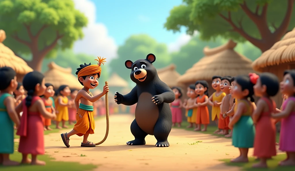 **Prompt:**
"A vibrant 3D cartoon-style scene set in a traditional Indian village. The focus is on a black bear dancing, controlled by a rope held by a villager who is dressed in traditional attire with a colorful turban and dhoti. The bear is standing on two legs, dancing joyfully. The villager is an adult man, cheerfully making the bear dance. Surrounding them are villagers of various ages—men, women,—watching the performance with expressions of amazement and joy. The background includes simple thatched-roof huts, lush green trees, and a dirt path winding through the village. The overall scene is colorful, playful, and designed to appeal to children."