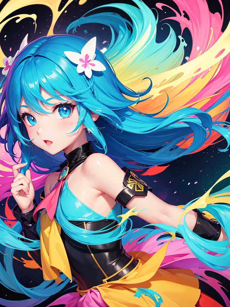 Highest quality、Flat color illustration、Brightly colored splash art、Girl surrounded by colorful clouds、Fantasy、pop