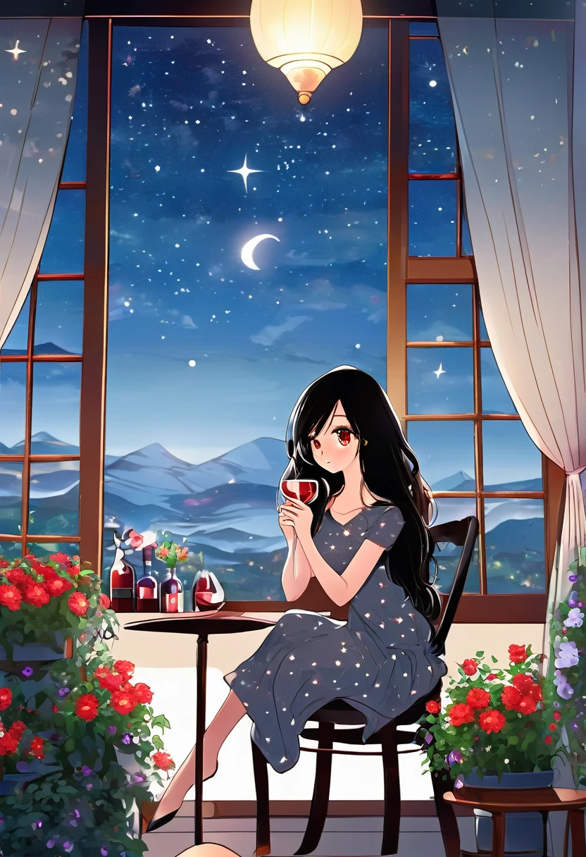 beautiful woman, (((full body))), ((background outdoor house)), (best quality), 1girl, solo A room with glass windows, curtains, a young woman with long black hair, red hair , White eyes with red pupils stare at sky, sitting on a chair, She is sitting and drink wild in front of the house., There are flowers, flower pots, a table, a wine glass, a wine bottle, a lamp, a black cat, Outside the window, there is a dark sky and stars.