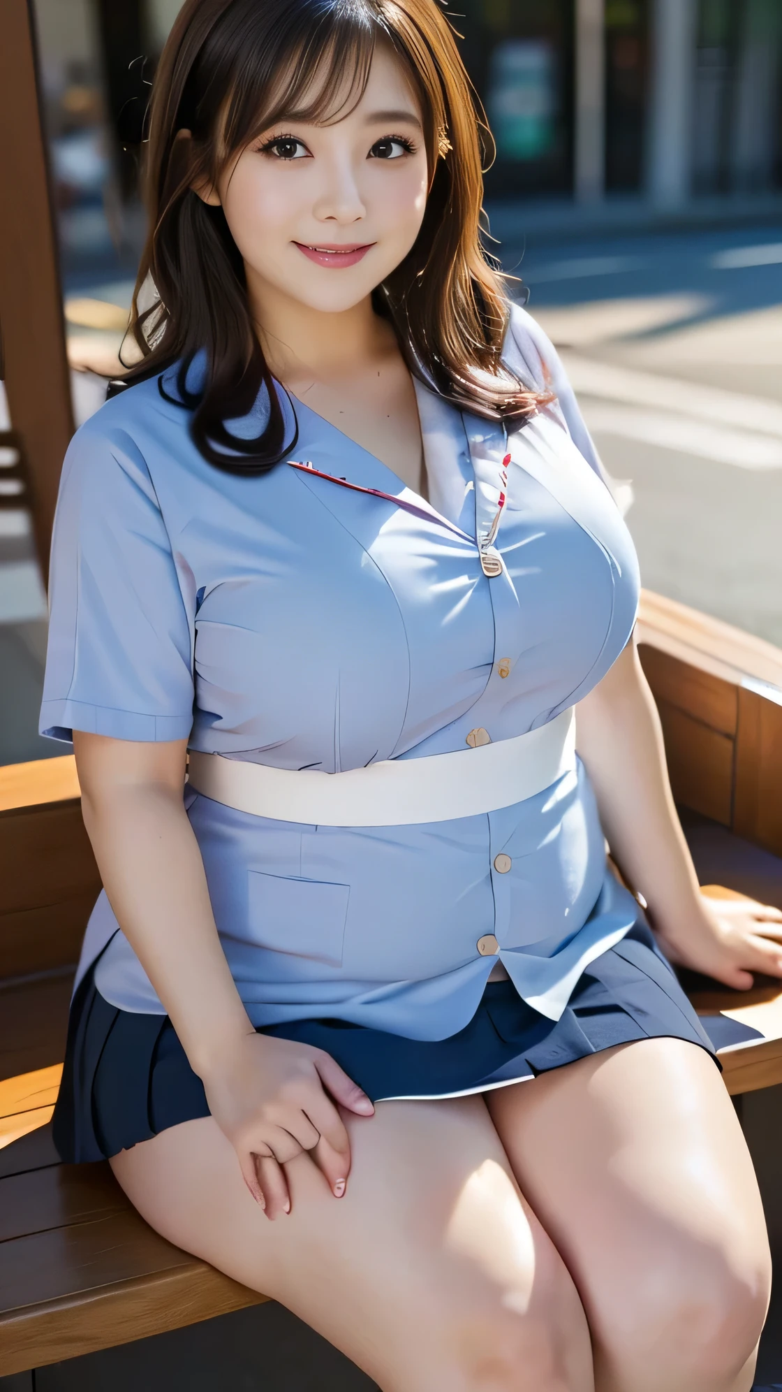 ((8k)), Highest quality, 超High resolution, (High resolution), ((Chubby woman)), Japanese, Double chin, Overweight, Very fat, ((nurse costume,mini skirt)), Sit facing forward, (looking down, watching at Viewer:1.3)