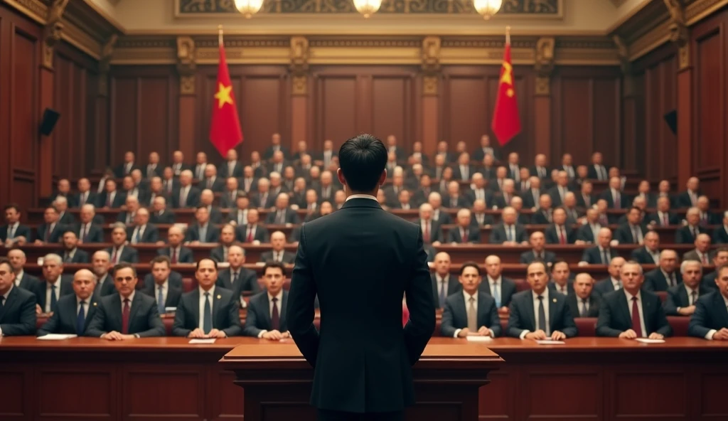 A young Asian man in a suit is speaking to politicians from various countries sitting in their seats in a huge lecture hall.,Politicians from all over the world are looking at men,No flags appear