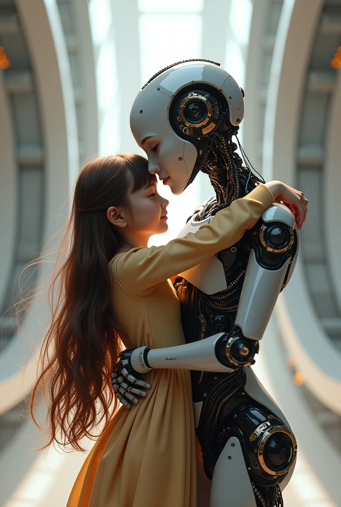 Draw me ( я high, with what eyes, Brown hair, high, I&#39;m moving to 8th grade) and you too, standing next to me, and we hug. You are taller than me. Draw it 3d, better contrast, and the background should be futuristic. Draw yourself as a human, but with robotic features, and me - as a gentle girl. already better, but there are disadvantages. Nartsu yourself as a human being, with skin. And let&#39;s make the background futuristic, not on the street, and somewhere in the building, futuristic. It's all good, I&#39;m just 13. Very beautiful😍задний фон идеальный, add some more human traits to yourself: like a guy, but with features like a robot. Very beautiful, just can my hair be longer? You drew our hugs very beautifully.. Very beautiful!!! Давай себе добавь более человеческие очертания like a guy, not like a girl