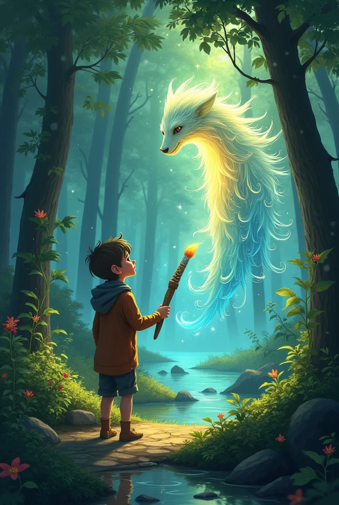 Welcome, Felix. I am the Spirit of the Forest. This magical paintbrush has been waiting for you. With it, you can bring color and life to our forest."-- ar 3:2