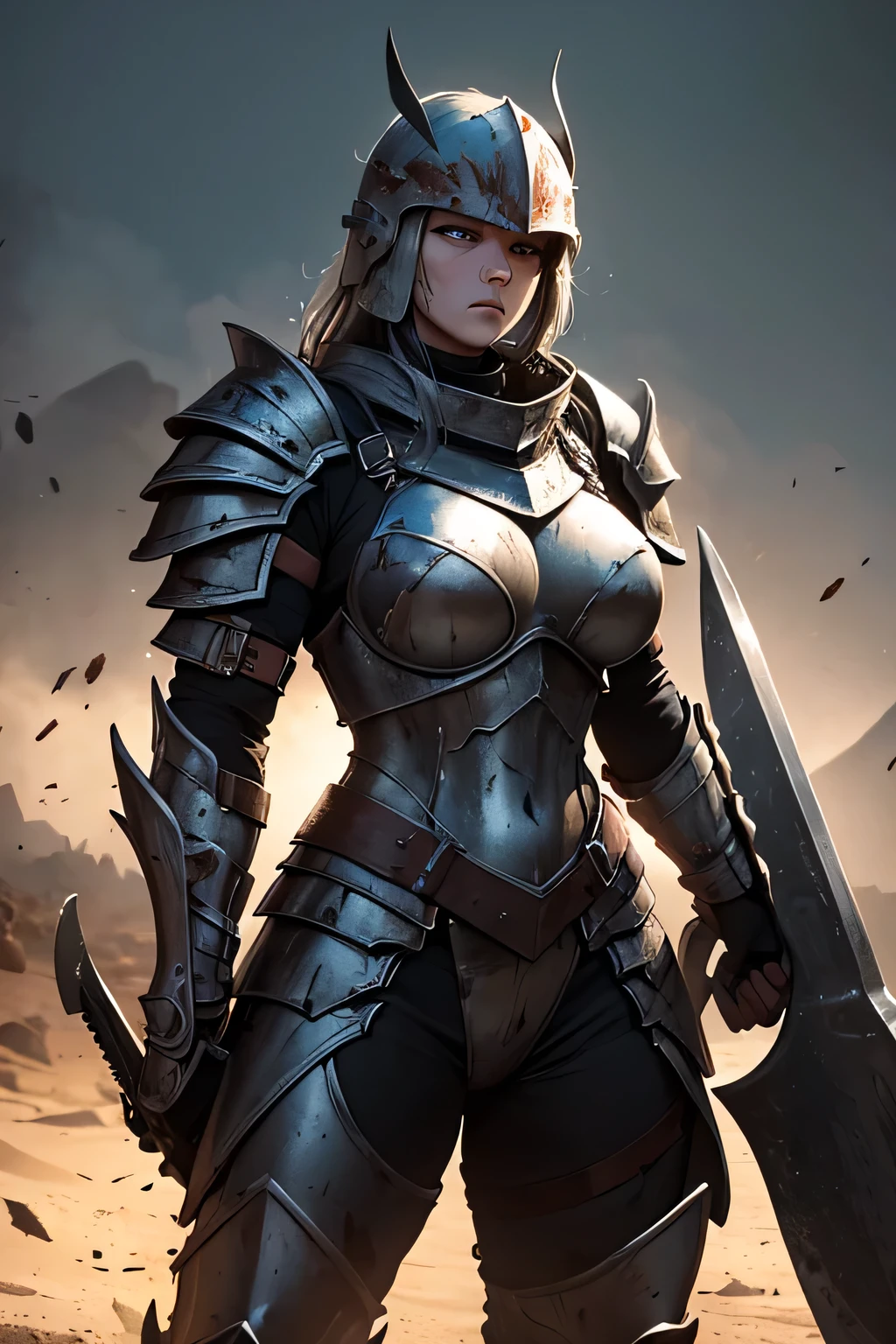 A muscular female heavy-armored warrior in scratched and blood-splattered plate armor, full helmet covered in dirt, wielding a massive axe, sweat dripping, intense gaze