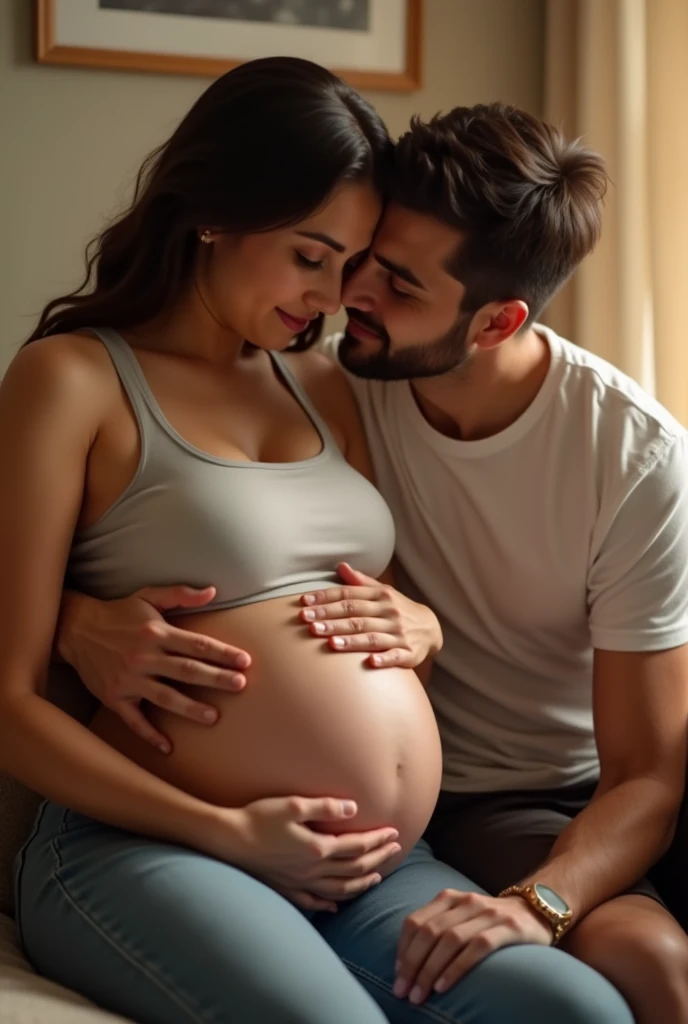 Draw me a 9-month pregnant woman sitting on the couch, caressing her huge pregnant belly, while her husband gently kisses this huge belly.