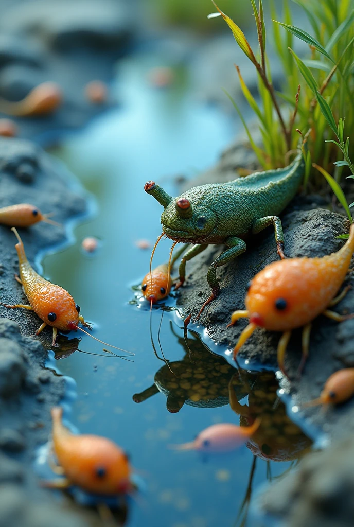 colorful, highly detailed macro shot of the very complicated life in a puddle