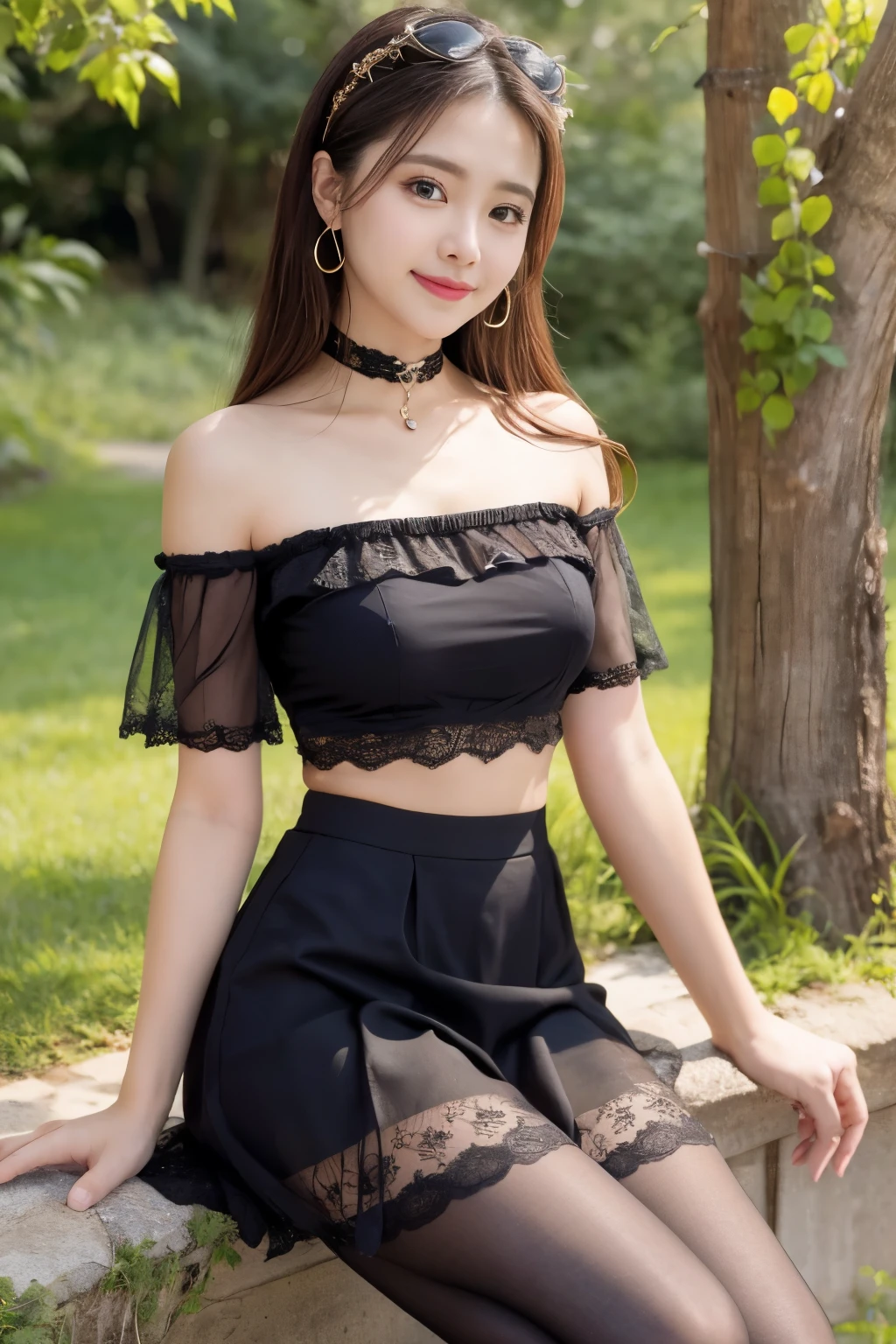 ulzzang-6500-v1.1, (RAW Photos:1.2), (Photorealistic), Beautiful attention to detail, (Genuine: 1.4), Very detailedな目と顔, Beautiful and fine details, (Strapless blouse, flare skirt, Ultra-realistic pantyhose:1.2, Black choker)、Whole Body Ezbian、 (A very loving smile:1.2)、Large file size, High resolution, Very detailed, Highest quality, [masterpiece:1.6], Awareness-raising, Very detailed, Hmph, In detail, Highest quality, 8k wallpaper, Cinema Lighting, One Girl, , Perfect figure, Cute droopy eyes、Beautiful big eyes、((masterpiece)), Highest quality, One Girl, eye shadow, Upper Body, Portraiture, ((Full Body Shot:1.6))、