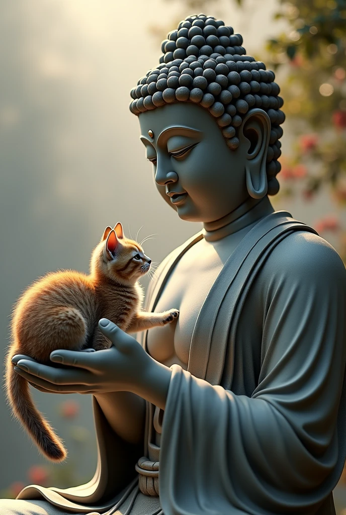 ((best quality)), ((masterpiece)),((detailed)),Buddha Statue,put a cat on your hand