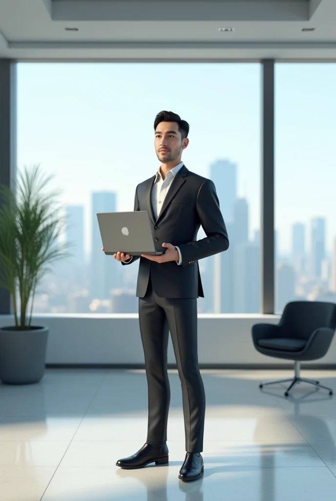 A 3D person wearing a suit, standing in a modern office and holding a laptop, with a cityscape visible through the window behind them."