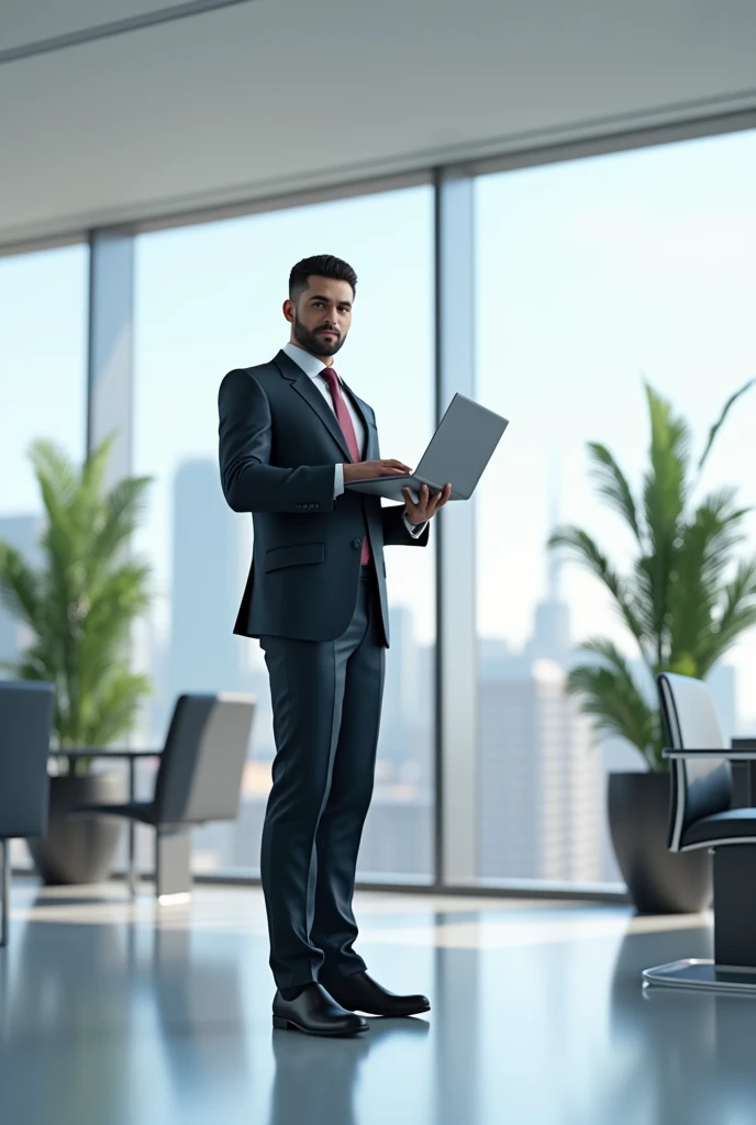 A 3D person wearing a suit, standing in a modern office and holding a laptop, with a cityscape visible through the window behind them."