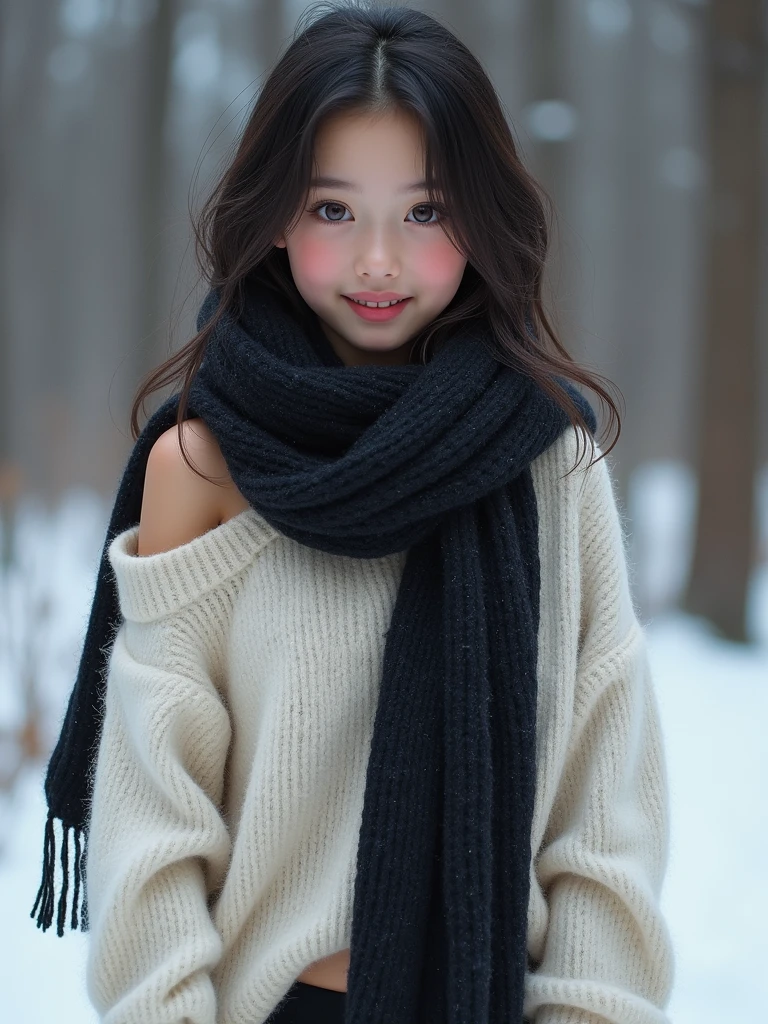(2young girls), (Ultra realistic), (warm long sleeve sweater, woolen scarf:1.3), upper body, caute smile, (best quality:1.4), Raw photo, (realistic, photo-realistic:1.37), professional photography, cinematic light, outdoors, snowy,