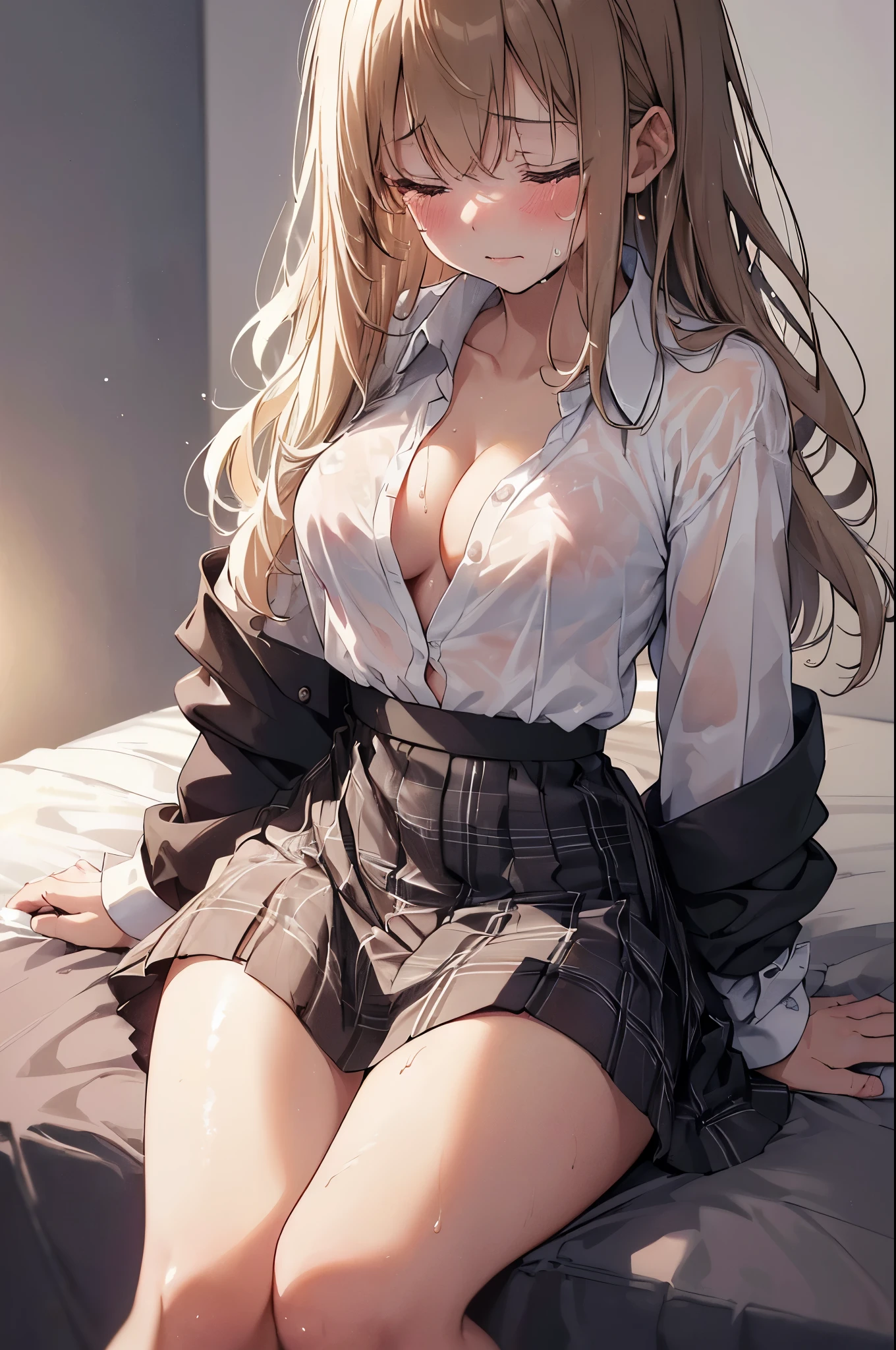 ((sitting bed)), ((girl crying loudy)), ((((girl cry a lot)))), (opened mouth), (closed eyes), ((Rubbing one's eyes)), (((Tearful expression))), ((many tears)),
((Highschool uniform)), (white shirt), (see-through), (short sleeves), (waist skirt), (Black plaid skirt), (((undressing shirt))), (((open buttons shirt))), (((Half-naked))), ((breast cleavage)), ((stomach)),
((bed room)), (night lamp), (((darkened room))),(sweat), (wet skin), ((erotic)), ((sensual)), (((simple background))), (Close-up of a girl), warm color scheme, Extremely exquisite body, beautiful detailed glow, cinematic lighting, 4K illustration, masterpiece, best quality, by top artist, by famous artist, by plo artist, Authentic shiny skin texture, Soaked skin, radiant skin,