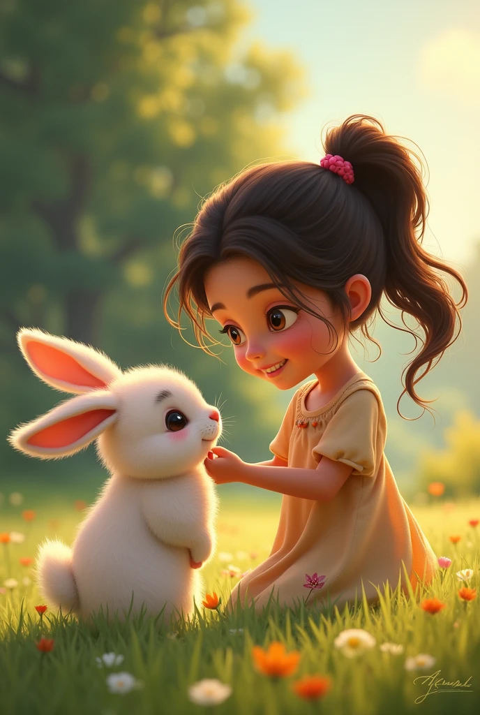 A young girl named Ayesha smiling affectionately at a cute rabbit, showing her love for animals.