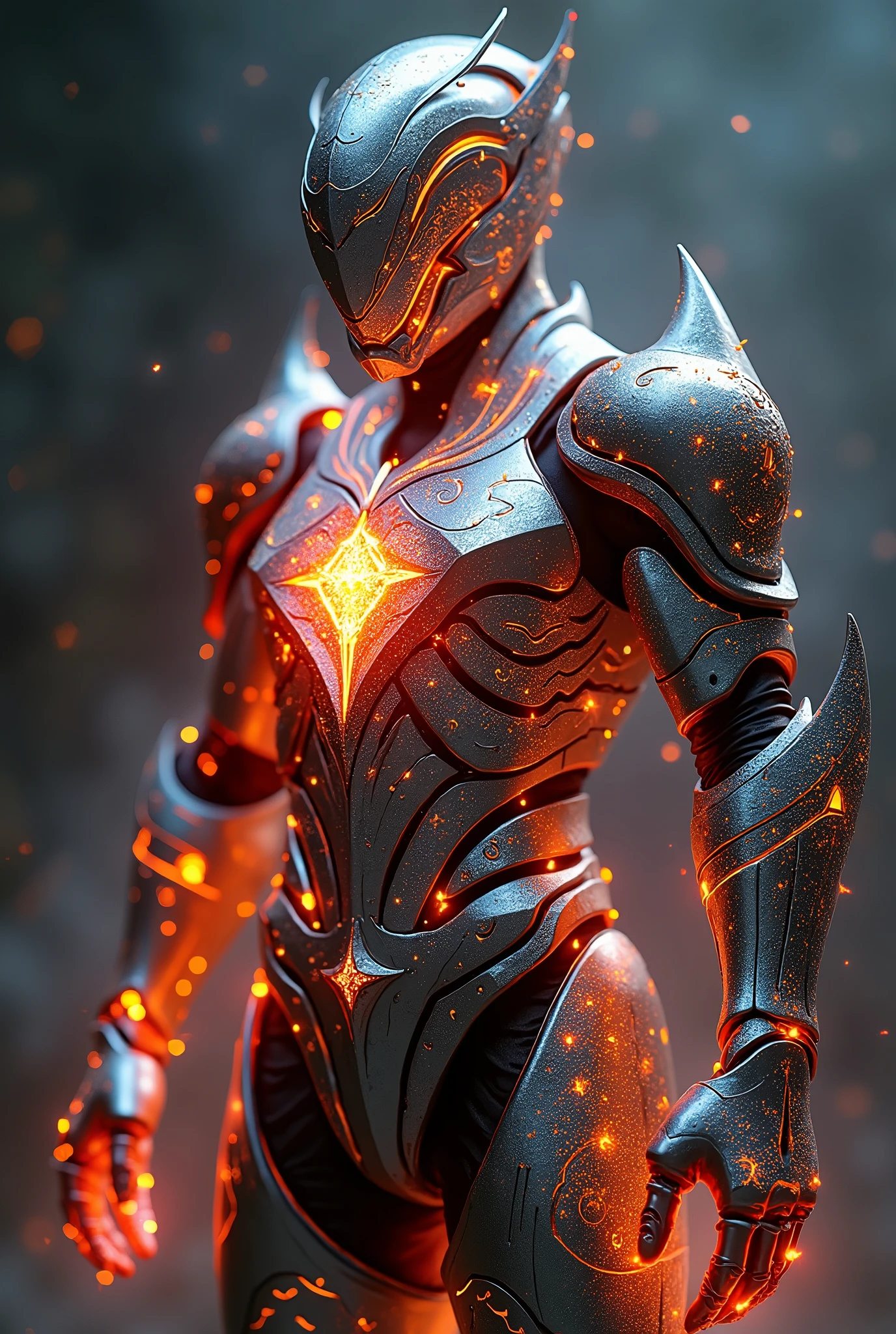 sleek elegant armor, radiant metal, intricate detail, celestial infernal asthetics, runes and sigils, central crystal core, pulsing energy, multicolored light, prismatic glow,