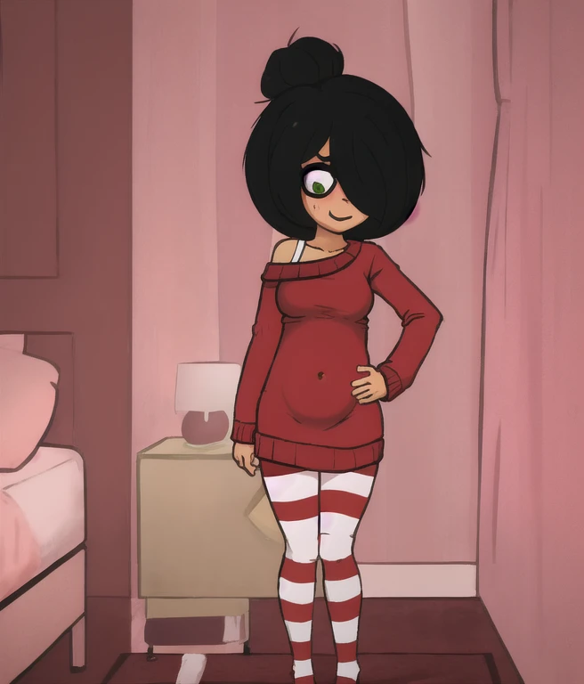 look at the viewer, One, maya,1 girl, ((Medium Breast)), ((Belly Stuffed)), ((Huge Belly)), ((Very Drunk)), solo,  black hair, short hair, single hair bun, hair over one eye,  ((dark skin)), ((dark-skinned female)), green eyes, red sweater, off shoulder, thighhighs, striped thighhighs, standing, hands on hips, indoors, dark, bedroom,  night,