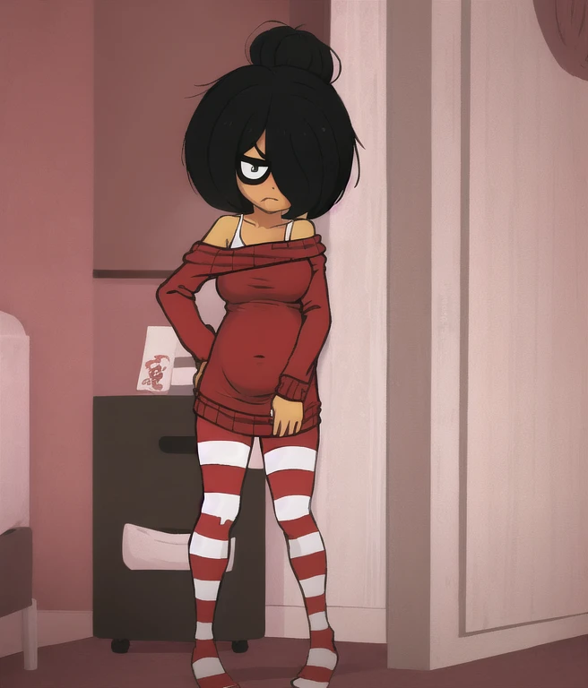look at the viewer, One, maya,1 girl, ((Medium Breast)), ((Belly Stuffed)), ((Huge Belly)), ((Very Drunk)), solo,  black hair, short hair, single hair bun, hair over one eye,  ((dark skin)), ((dark-skinned female)), green eyes, red sweater, off shoulder, thighhighs, striped thighhighs, standing, hands on hips, indoors, dark, bedroom,  night,