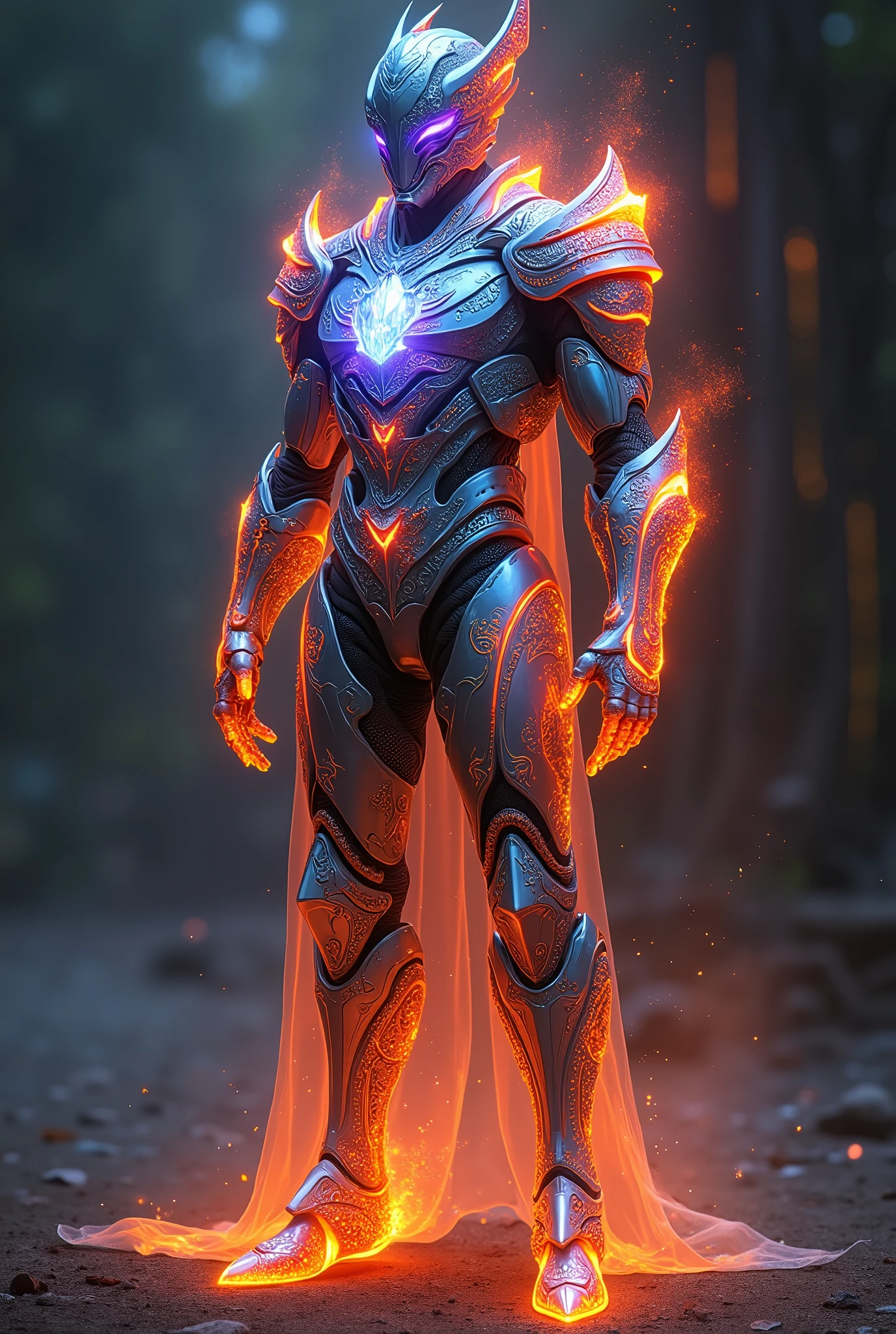 sleek elegant armor, radiant metal, intricate detail, celestial infernal asthetics, runes and sigils, central crystal core, pulsing energy, multicolored light, prismatic glow,