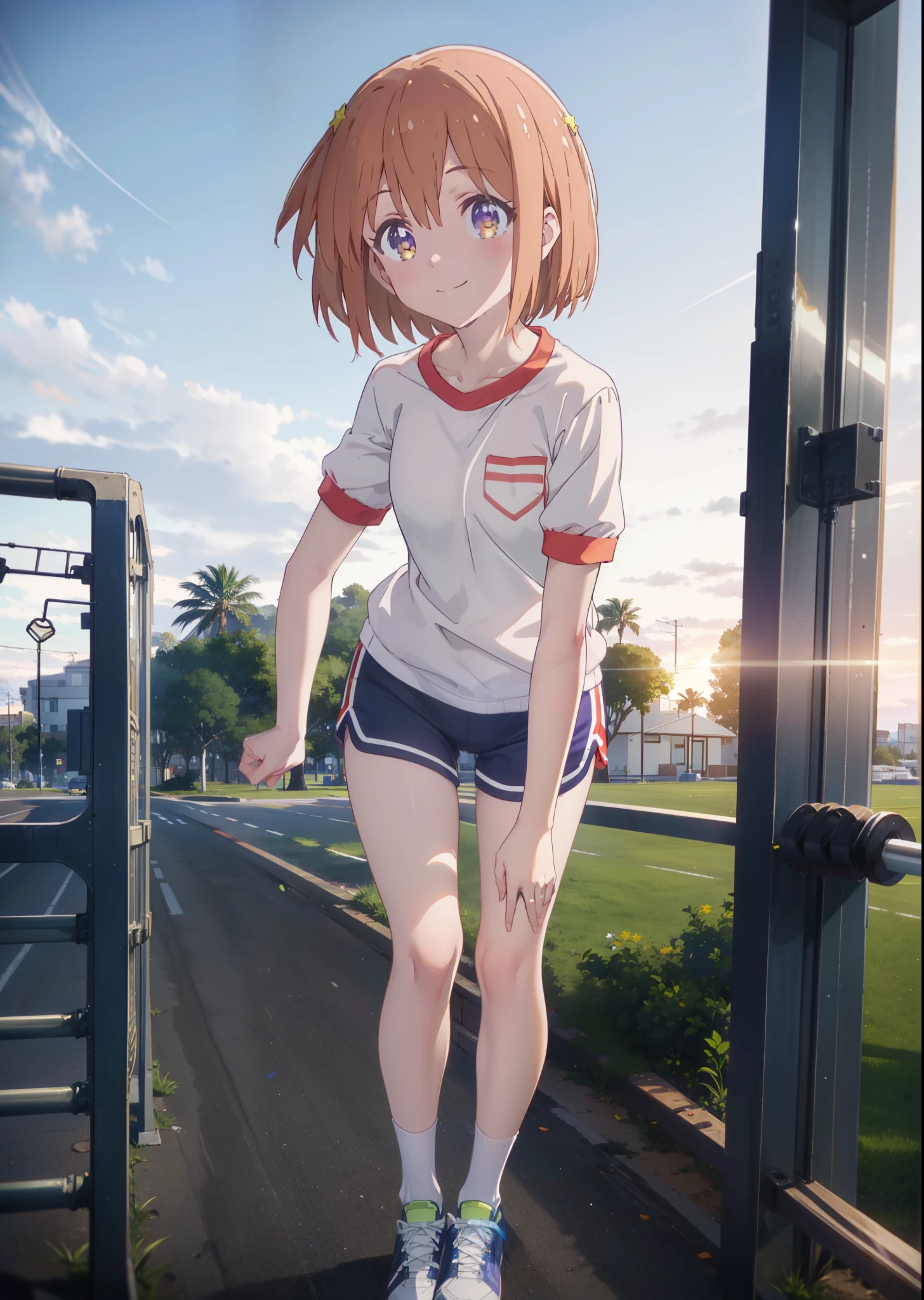 Mira Konohata, evening,Sunset sky,Seaside,orange clouds,Check it out, short hair, bangs, orange hair, (Purple eyes:1.2),(Gym clothes with short sleeves:1.5), Gymnastics, (Girl wearing gym clothes), (Girl in gym clothes),Leaning forward, Sportswear,覗き込む, Blue_Shorts, White knee-high socks,Focus on the feet,White_sneakers, White_sports boots,Daytime,Clear skies,Palm tree,Walking,smile,Close your mouth,blush,whole bodyがイラストに入るように,Focus on shoes,
BREAK outdoors, tropical,Tropical,Coastal Road,
BREAK looking at viewer, whole body,
BREAK (masterpiece:1.2), Highest quality, High resolution, unity 8k wallpaper, (figure:0.8), (Beautiful attention to detail:1.6), Highly detailed face, Perfect lighting, Highly detailed CG, (Perfect hands, Perfect Anatomy),