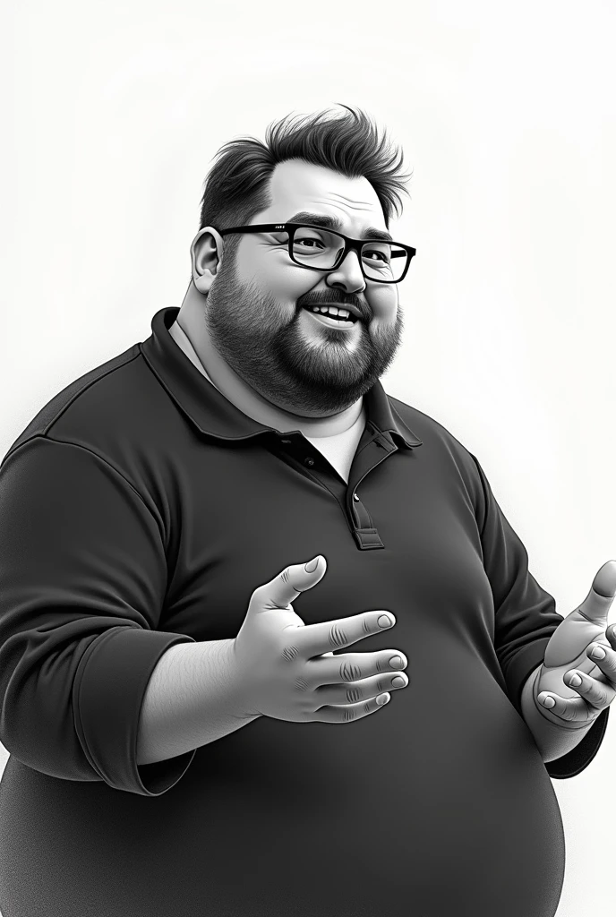 Create a prompt for a drawing: Draw a chubby man with a beard wearing a black shirt, engaged in conversation. Careca, barba pequena e que usa aparelhos, pouco gordo