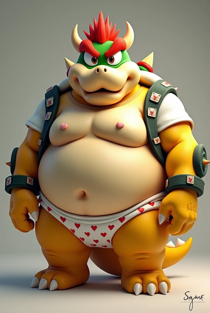 Bowser from Super Mario, morbidly obese, huge round belly, huge moobs, cute, heart underpants, tight short sleeves t-shirt