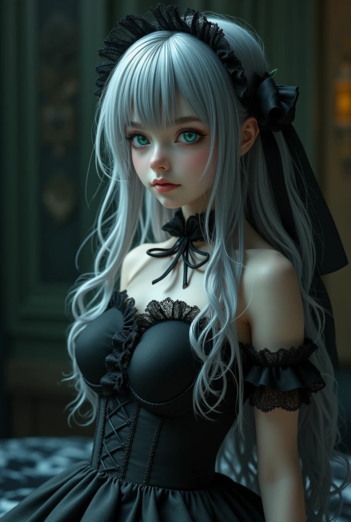 Gray Hair long Gothic ta maid outfit Heterochromia Completely naked