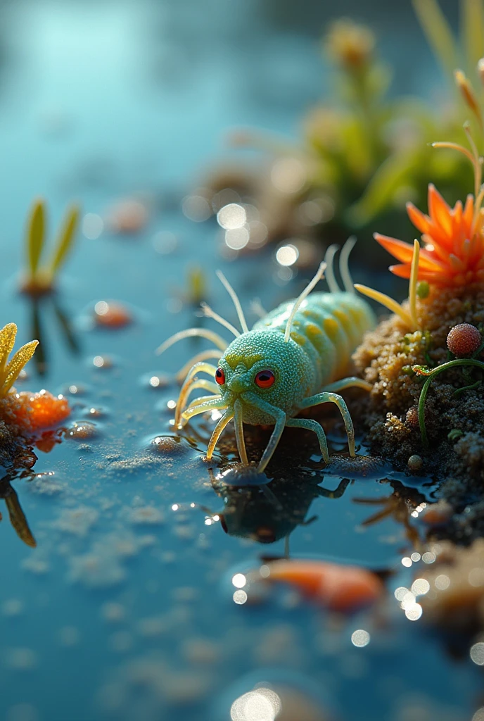 colorful, highly detailed macro shot of the very complicated life in a puddle