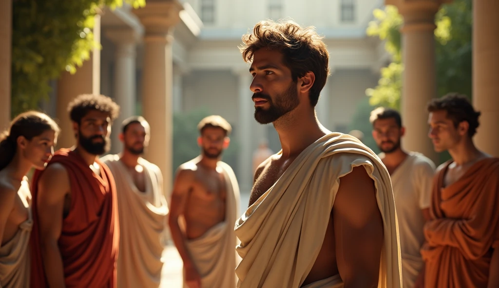 In a sunlit Roman courtyard filled with supportive companions, the young Stoic philosopher stands confidently among a group of scholars and friends. His bronzed skin gleams under the bright sunlight, and his wavy, well-groomed hair is perfectly styled, giving him a commanding yet approachable presence. His classic tunic drapes elegantly over his well-proportioned body, slipping off one shoulder to reveal smooth skin and a hint of his chest, making his appearance both strong and subtly sensual. The others listen attentively, their expressions reflecting respect and admiration. Tall marble columns and lush greenery surround the scene, creating an atmosphere of strength and support. The 8K, photorealistic quality image captures the dynamic interaction, the richness of the philosopher’s expression, and the warm, inviting environment, symbolizing the importance of surrounding oneself with positive influences.