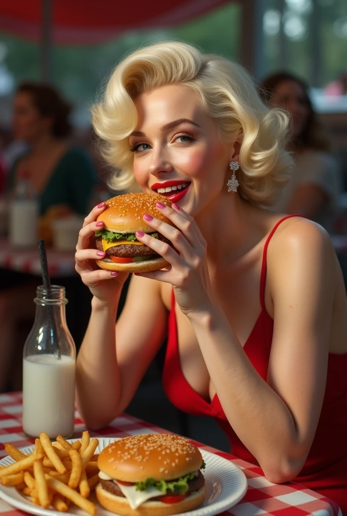 Marilyn Monroe eating a hamburger, sitting down.