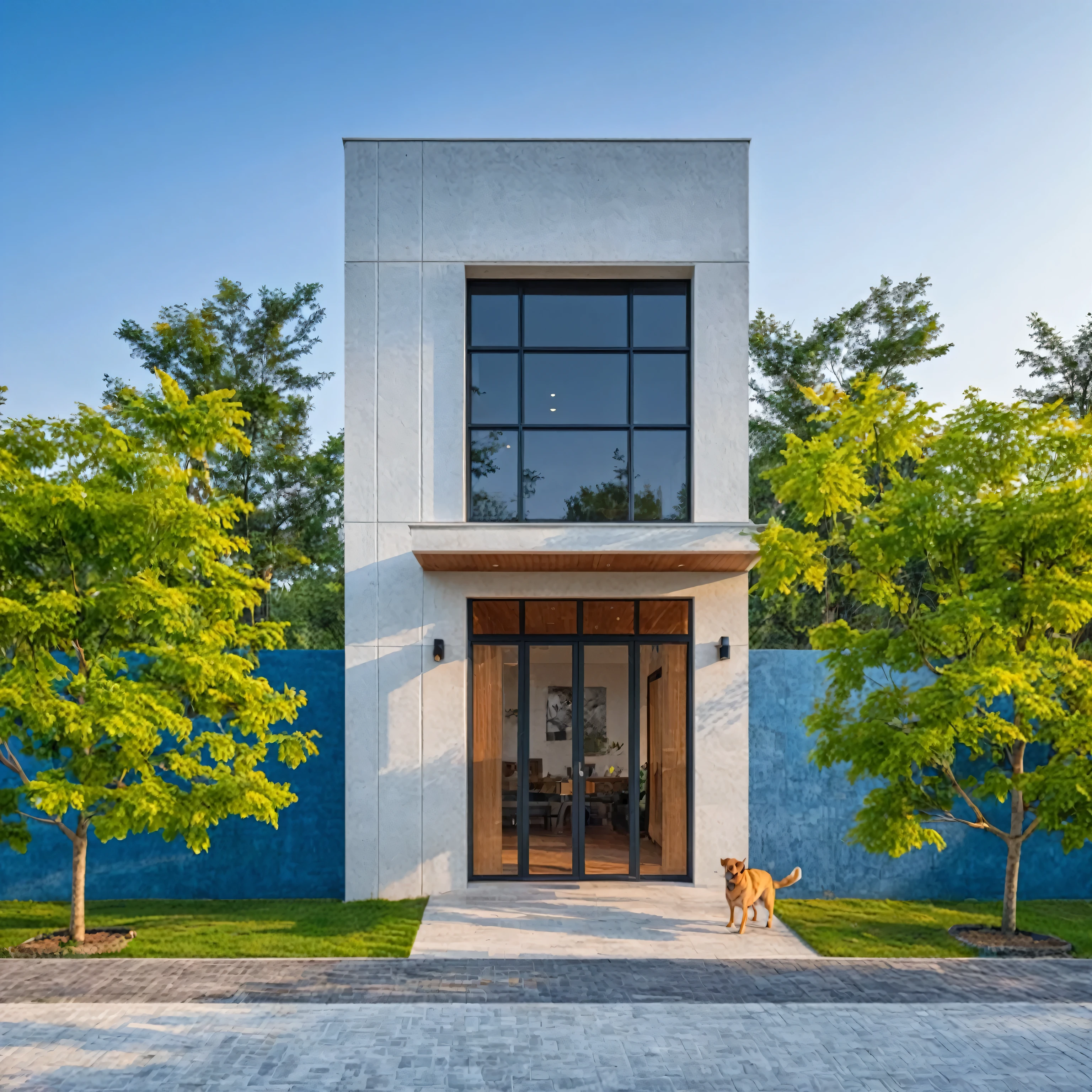 Minimalist architecture, the main materials of the house include white walls, blue concrete effect walls, Realistic images, extremely detailed, a modern house, 1 road in font of house, large yard made by ceramic, (1 car), brick fence, lawn, a few small flowers, a road in front of the house, main materials of the house are white walls and gray brick, Modern design, (wood with Steel Gate),clear blue sky, sunrise light, light from inside, dynamic light,shimering light, cinematic light, romantic feeling, (((day light, warm light)))