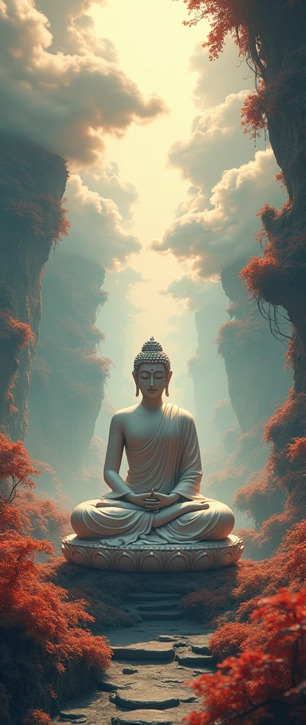 Buddha seated in lotus position, bathed in the soft glow of global illumination, intricacies of an elaborate environment reminiscent of Unreal Engine, Greg Rutkowski's detailed fantasy landscapes, loish's playful color palettes, RHADS' atmospheric aesthetics, Beeple's abstract elements, Makoto Shinkai's cinematic clouds, Lois Van Baarle's flowing forms,