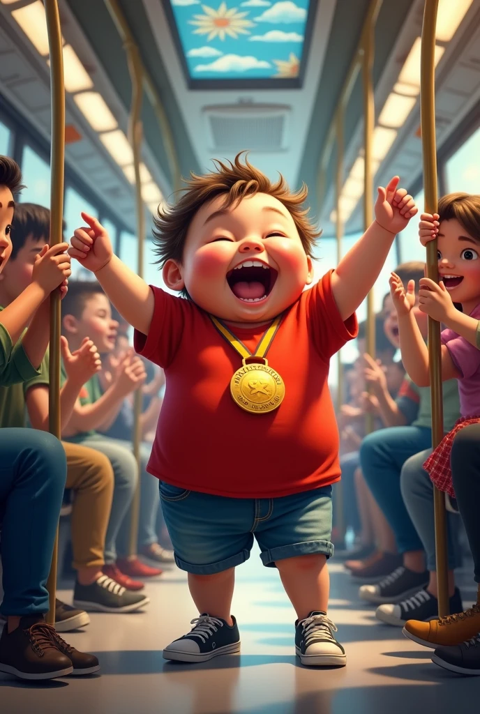 A fat child with a gold medal who is dancing in an autobus