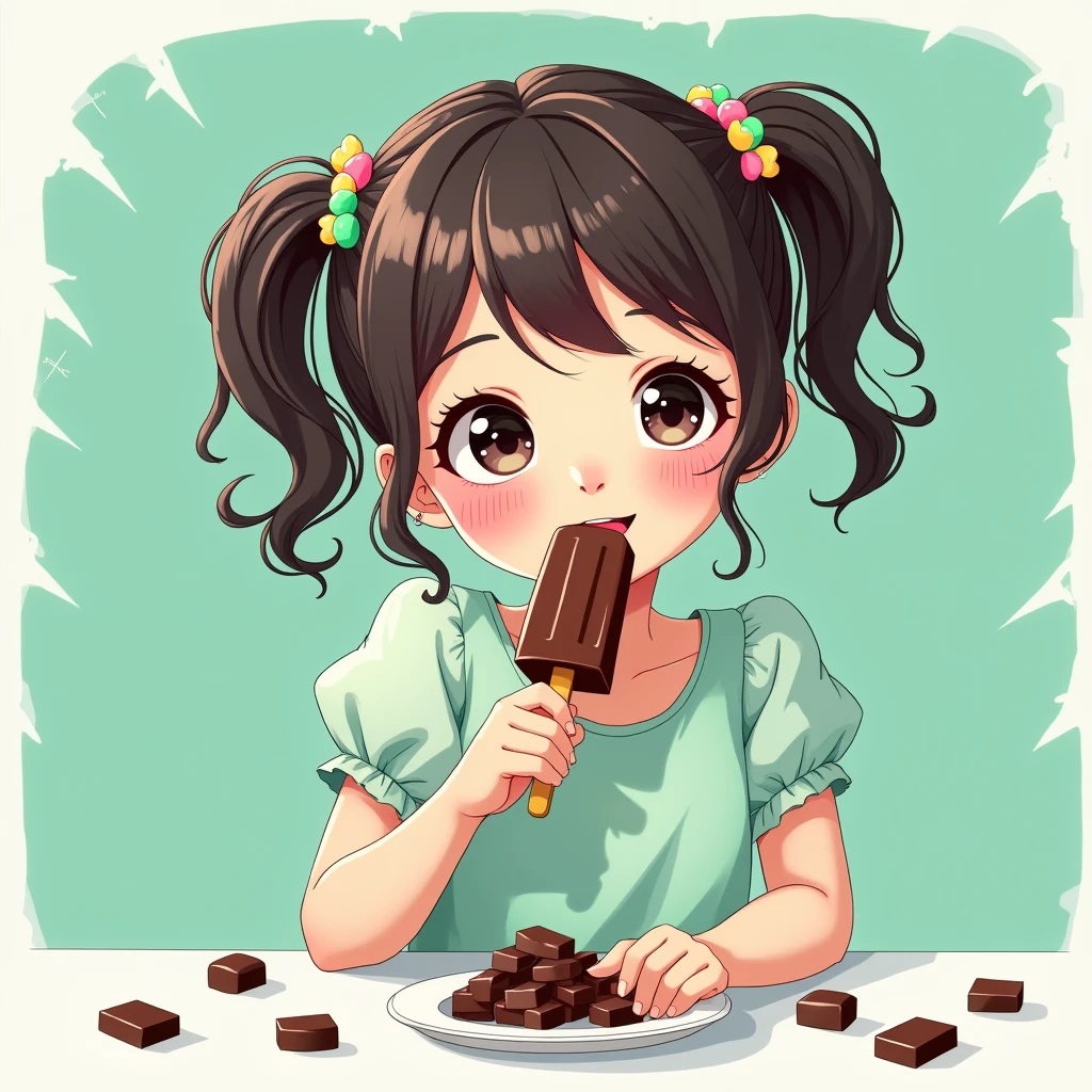 masterpiece, top quality, top image quality, detailed, beautiful, cute, art, one girl, girl eating a chocolate mint popsicle, smiling, cute smile, twin tails, chocolate mint colored dress, smiling at camera, white table, chocolate mint candy on table on the table, slightly up angle, pop art, 4K graphic