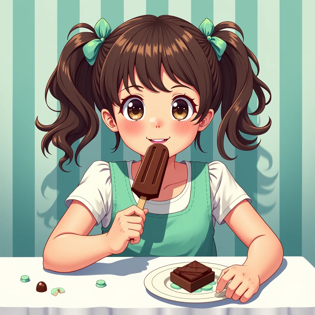 masterpiece, top quality, top image quality, detailed, beautiful, cute, art, one girl, girl eating a chocolate mint popsicle, smiling, cute smile, twin tails, chocolate mint colored dress, smiling at camera, white table, chocolate mint candy on table on the table, slightly up angle, pop art, 4K graphic