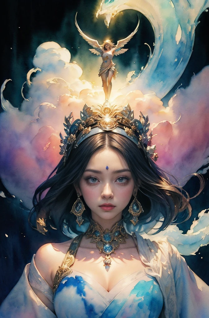 (Tabletop, Highest qualityの, Highest quality, Official Art, (beautifully、aesthetic:1.4), (Watercolor:1.4) ), (Izanami 1.5), 日本のgod話の女god, Majestic beauty, 創造の女god、生命の女god、Typically、((((Typically))))、Reincarnation Support, god'Grace, Gentle and meditative expressions, Flowing, celestial garments, Shine、Created all the landscapes and worlds on Earth, A dazzling dance of light, Whispers of Ancient Legends