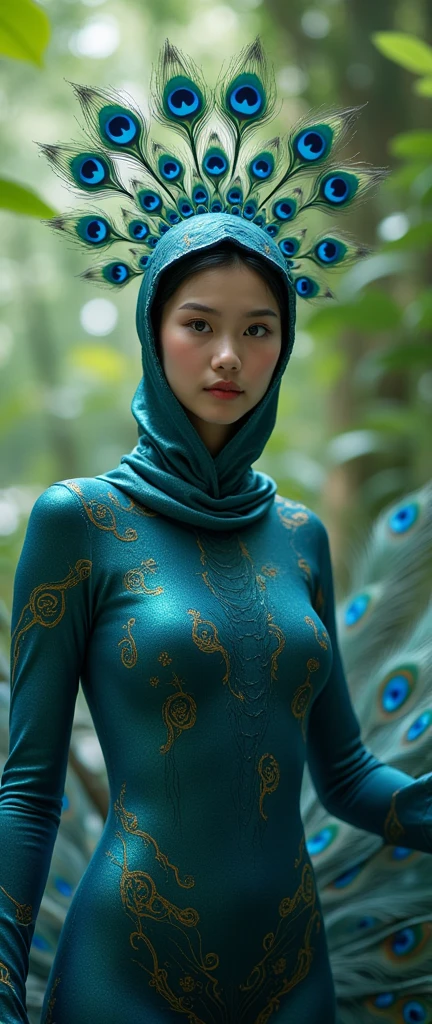 The beautiful Chinese asian adult girl with beautiful cheeks wears peacock lycra turtleneck unitard catsuit with large peacock tail and peacock lycra elastane stretchy dancewear inner hijab-like zentai open face hood covered with peacock feather.She is happy.She always put real peacock eyeshadow makeup that are made of blue colour makeup pen.She acts a peacock.She is at Jungle.When she opens her tail beautiful.
