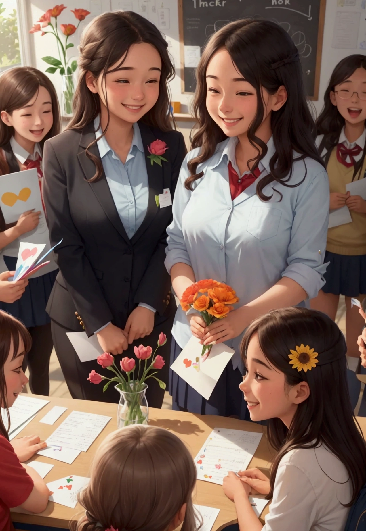 Thanks to the teacher, A group of students surrounded a teacher, Holding flowers and cards, The teacher accepted with a smile, The classroom is filled with thank you notes and artwork from students, A large display on the wall shows students' gratitude to their teachers